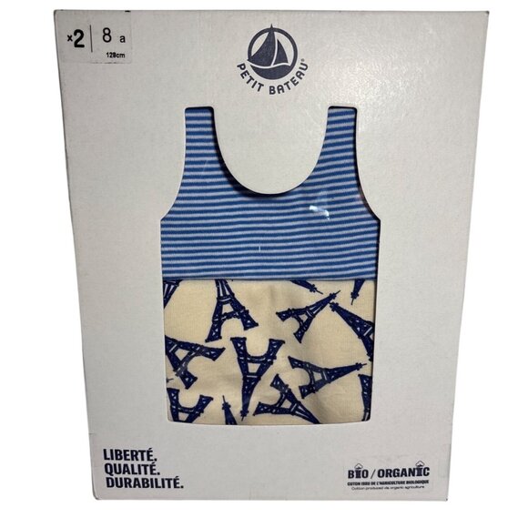 Petit Bateau Organic Cotton Tank Tops Boy Size 8 Yrs Blue Striped & Eiffel Tower - Picture 1 of 7